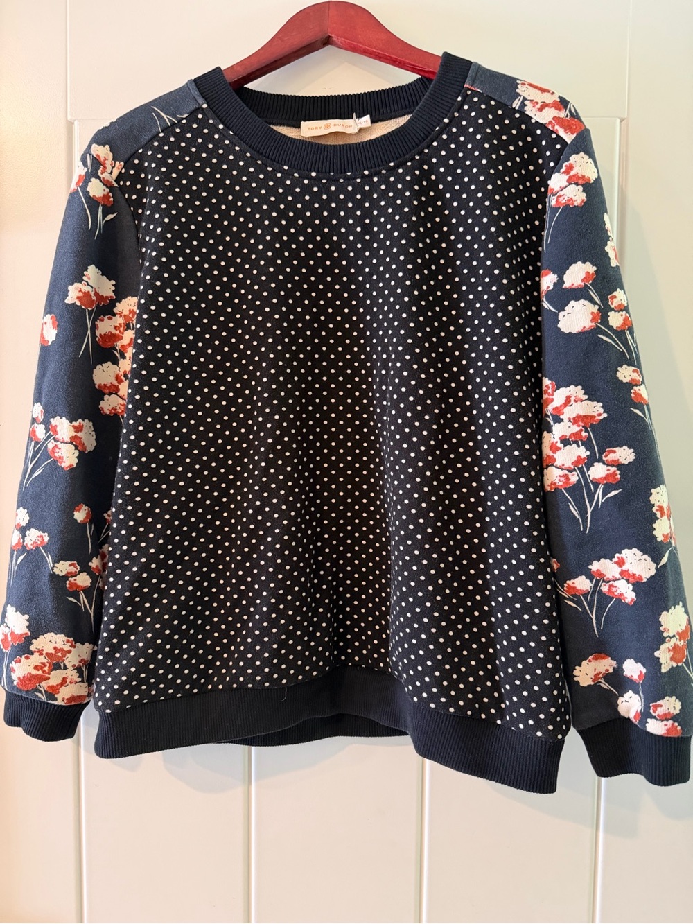 Tory Burch Navy Polka Dot Body with Floral Sleeves Sweatershirt